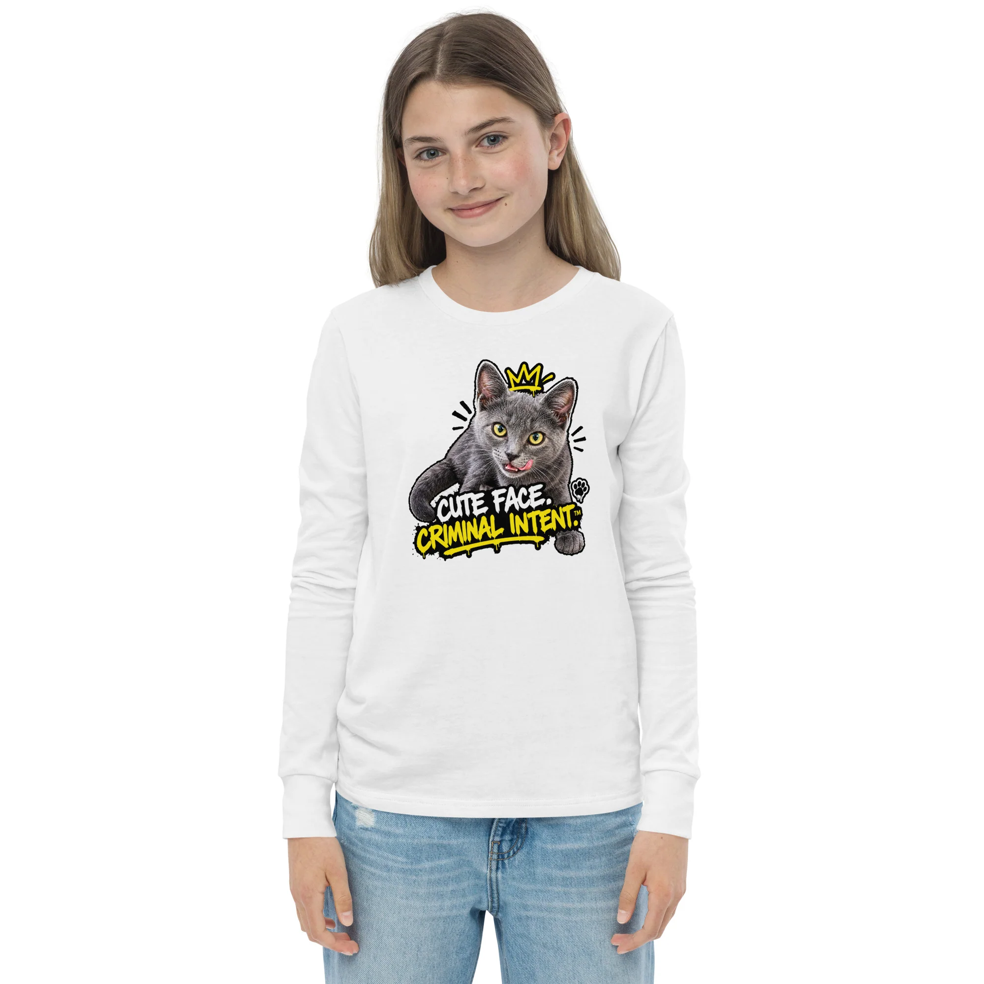 Uno the Cat Youth Long Sleeve Tee — Cute Face. Criminal Intent.™ product photo